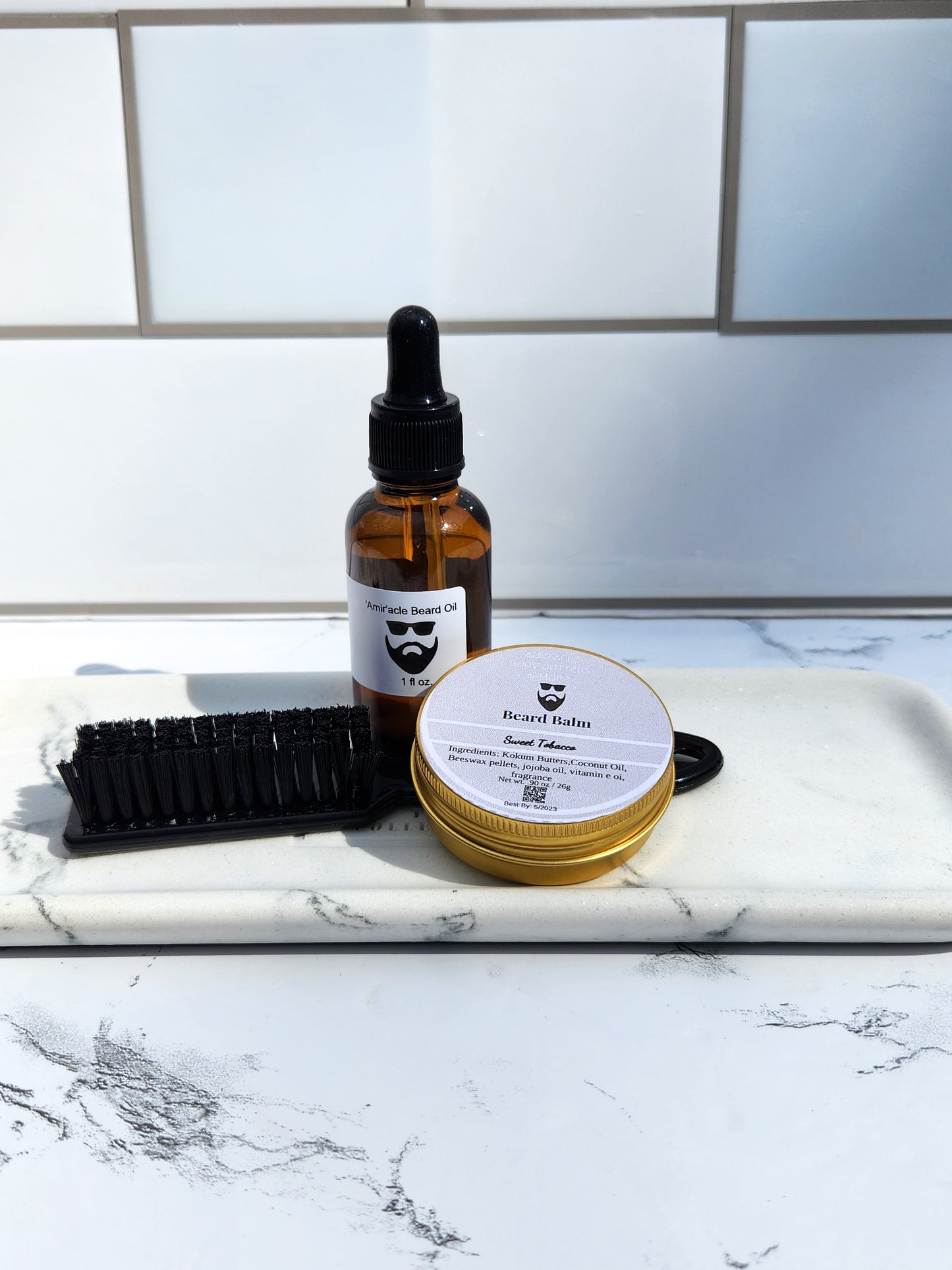 Daily beard grooming oil and beard balm with jojoba and essential oils from Amir'acle Body Butters