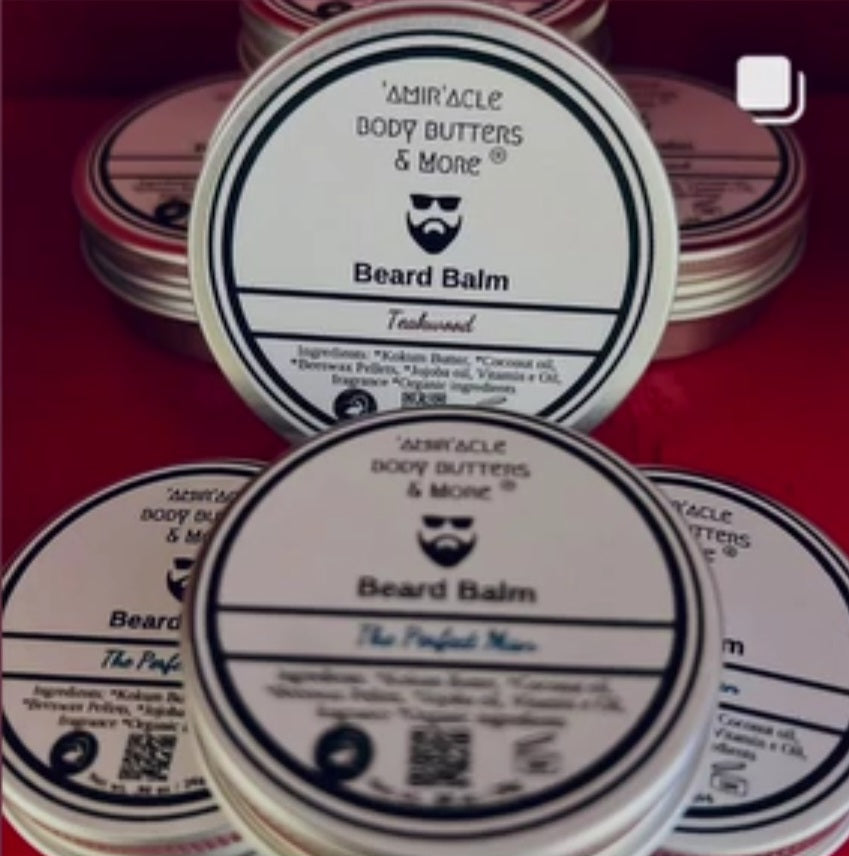 Tin of shea butter beard balm for taming flyaways and locking in moisture by Amir'acle Body Butters